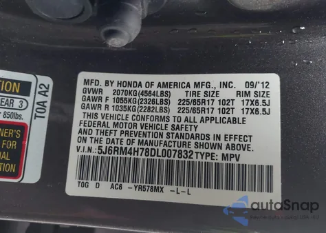2013 Honda Cr-V Ex-L z USA, uszkodzony, nr VIN 5J6RM4H78DL007832